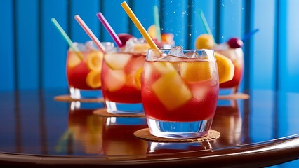 A closeup of delicious iced fruit cocktails with straws on the table against a blue background