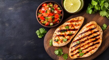 Grilled chicken fillet served with fresh salsa and lime on a wooden board, perfect for healthy meal inspiration.