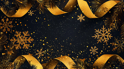 Poster - Festive frame of glittery snowflakes, fir tree branches, and golden christmas decorations on a black background with bokeh effect