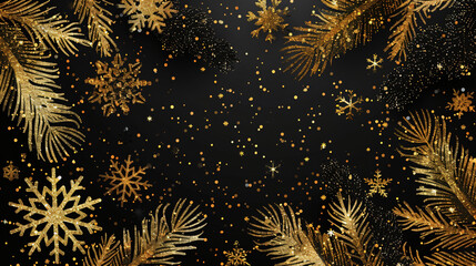 Poster - Christmas frame made of golden glittery fir branches and snowflakes on black background with copy space in the center