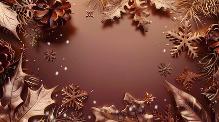 Poster - Golden christmas decoration like pine cones, snowflakes and leaves creating a festive frame on brown background with falling snow