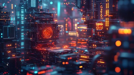 Poster - Futuristic Neon Lit City Skyline with Glowing Skyscrapers and Vibrant Digital Lighting