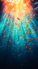 Wall Mural - Beneath the surface, vibrant fish swim in shimmering blue waters illuminated by radiant sunlight, creating a mesmerizing underwater scene.