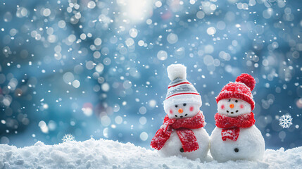 Aufkleber - Two joyful snowmen in red hats and scarves enjoy a snowy day, creating a festive and magical winter scene perfect for the holidays