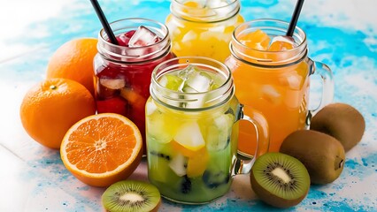 Organic fruit detox drinks in jars near oranges and kiwi isolated on blue