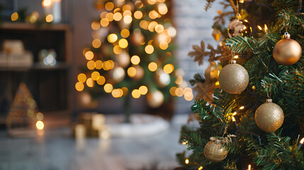 Poster - Warm and cozy home interior with a christmas tree adorned with golden baubles and fairy lights