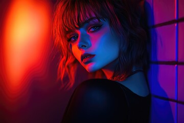 Poster - Woman with Red Hair and Blue Eyes Illuminated by Colorful Lights