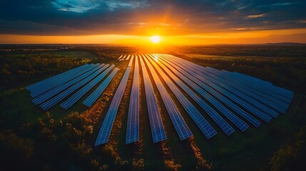 Poster - AERIAL Top view of huge power plant and solar panel Aerial view of Solar Power Station Panels Fields Green Energy at Sunset : Generative AI