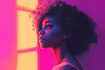 Sticker - A woman with curly hair looking away, bathed in pink and yellow light