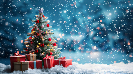 Aufkleber - Christmas tree adorned with presents in a snowy forest at night, with snowflakes falling
