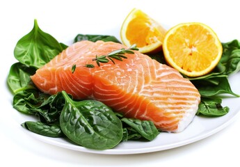 Wall Mural - Fresh Salmon Fillet on Spinach with Lemon