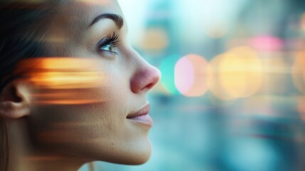 Close up image of beautiful woman's face, blurred background