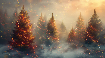 Poster - Enchanting christmas forest with pine trees adorned in fairy lights, glistening dust, and mist bathed in golden sunlight