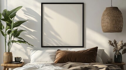 Poster - Vertical black picture frame mockup Retro wooden mahogany bedside table cup of coffee Beige linen throw brown velvet pillow in bed White wall background Scandinavian bedroom elegant in : Generative AI