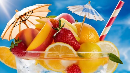 A closeup of delicious iced fruit cocktails with straws on the table against a blue background