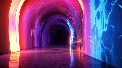 Poster - A tunnel with neon lights and a purple glow. The tunnel is long and narrow, and the lights are bright and colorful. Scene is energetic and exciting, as if the tunnel is a gateway to a new