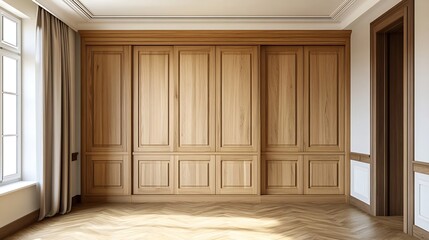 Aufkleber - Bedroom with fitted wardrobes with sliding doors and normal doors in light oak wood and floors of the same material : Generative AI