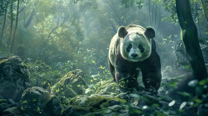 Wall Mural - A giant panda wanders through a lush green forest. The sunlight filters through the trees, creating a serene atmosphere. This photo captures wildlife in its natural habitat. AI