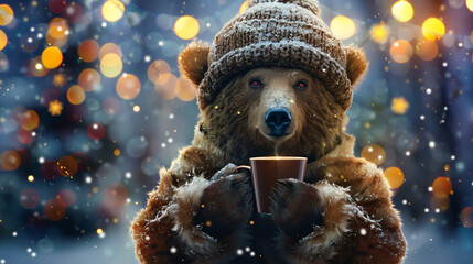 Poster - Brown bear wearing a cozy hat and fur coat, holding a hot drink in a snowy christmas scene