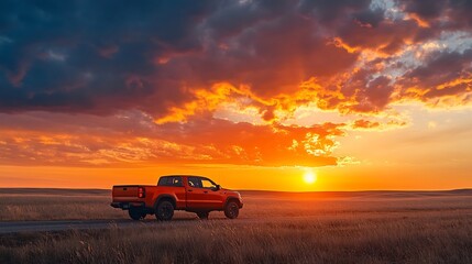 Poster - Orange pickup truck cruising along a rural road against a dramatic sunset sky : Generative AI