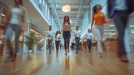 Aufkleber - Multiethnic startup business team on meeting in a modern bright open space coworking office Brainstorming working on laptop Group of coworkers walking around in motion blur : Generative AI