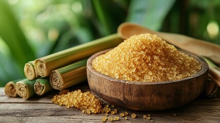 Poster - Brown sugar with fresh sugar cane on wooden table with sugar cane plantation farming background : Generative AI