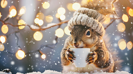 Poster - Cozy squirrel in a knit hat sips a warm drink in the snow on a festive winter evening