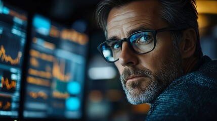Poster - Portrait of a Middle Aged Man Working on the Floor in a Modern Stock Exchange Firm Specialist Monitoring Companies and Funds Securities Derivatives Investment Products Bonds on Compute : Generative AI