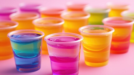 Vibrant Layers of Jello Shots in Disposable Plastic Cups for Party Celebration