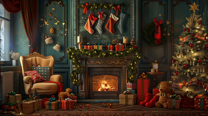 Wall Mural - Vintage christmas interior with a cozy fireplace, festive tree, presents, and decorations, capturing the warmth of the holiday season