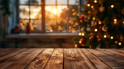 Aufkleber - Wooden table with space for products or designs, with a blurred background of a christmas tree and a cozy sunset