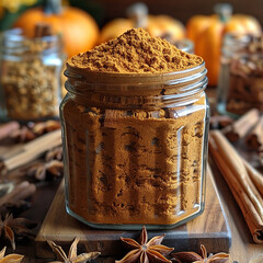 Spice of pumpkin pie in glass jar generated.Ai