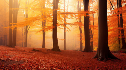 Poster - Serene Forest in Autumn with Golden Leaves and Sunlit Mist