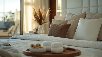 Wall Mural - Bedroom with a double bed with a white leather upholstered headboard with cushions of various types and a wooden tray with a vase and rolls in a white bowl : Generative AI