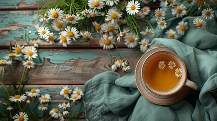 A wooden table with a cloth and a bouquet of chamomile flowers