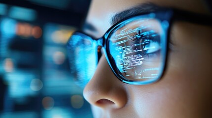 Woman in glasses looks intently at a digital screen with data and code reflecting in the glasses