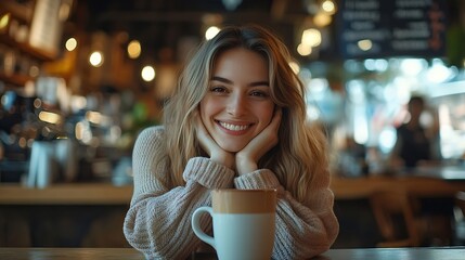 Coffee shop smile and portrait of woman with drink caffeine beverage and cappuccino for aroma Happy relax and person with mug in restaurant cafe and diner for breakfast satisfaction or : Generative AI