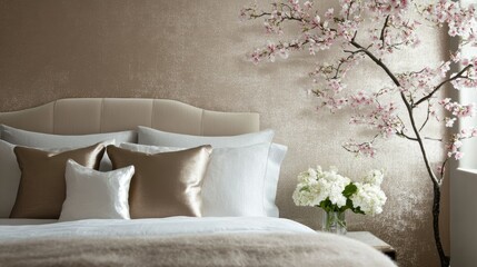Poster - Wallpaper with a subtle metallic sheen, adding a touch of glamour to a sophisticated bedroom.