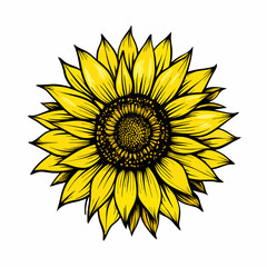 Yellow sunflower. Wildflower sun shaped view from above, sunny blossom with black seeds and petals (22)