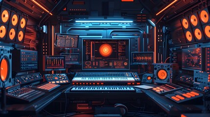 Poster - Futuristic AI Driven Creative Studio with Robots Composing Music and Designing Graphics