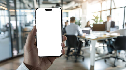 Mockup template for black smartphone in persons hand. Office and employees on background. Suitable for app development and product placement