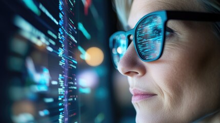Woman in glasses looks intently at a digital screen with data and code reflecting in the glasses