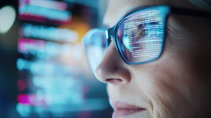Woman in glasses looks intently at a digital screen with data and code reflecting in the glasses