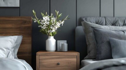 Poster - Closeup fragment of bedroom with empty wooden bedside table in a gray bedroom : Generative AI