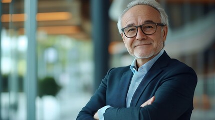 Poster - Portrait of successful mature boss senior businessman in glasses and business suit looking at camera and smiling man with crossed arms working inside modern office building : Generative AI