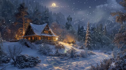 Picturesque wooden cabin nestled in a winter landscape, sparkling with holiday cheer on a snowy night