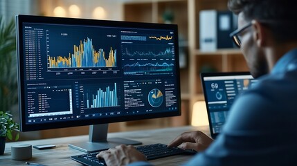 Leinwandbilder - Analyst working in Business Analytics and Data Management System to make report with KPI and metrics connected to database Corporate strategy for finance operations sales marketing : Generative AI
