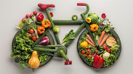 An imaginative and humorous illustration of a bicycle constructed completely of fresh vegetables, signifying a healthy way of living