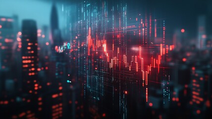 Fototapete - Investing and real estate market crash concept with falling down digital financial chart candlestick and graphs with data indicators on city modern business centers background double e : Generative AI