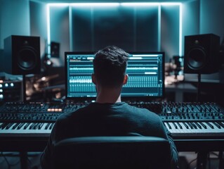 A man sound designer musician is sitting in front of a computer monitor equalizer and a keyboard equipment at the music producer desk in the studio